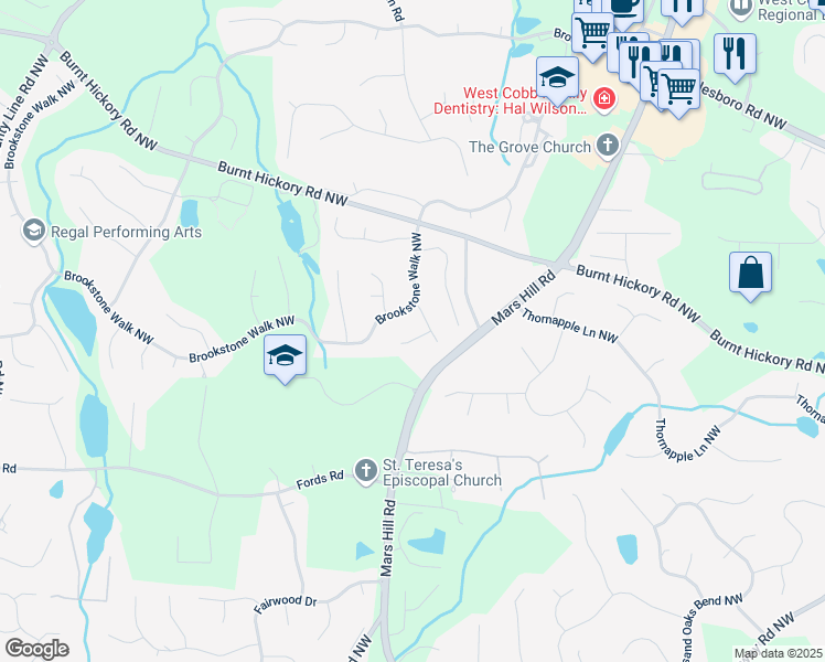 map of restaurants, bars, coffee shops, grocery stores, and more near 5628 Fallsbrook Knoll in Acworth