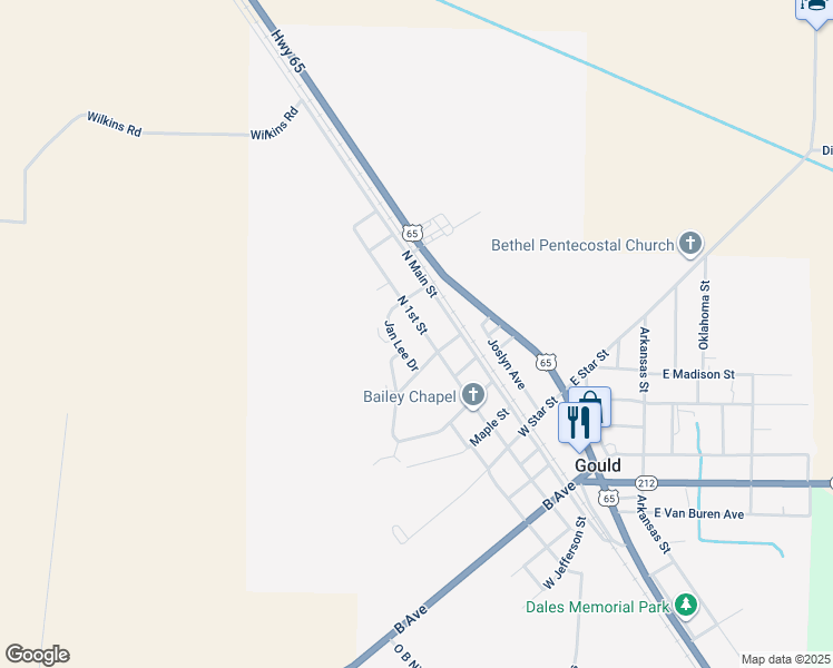 map of restaurants, bars, coffee shops, grocery stores, and more near 505 North 1st Street in Gould