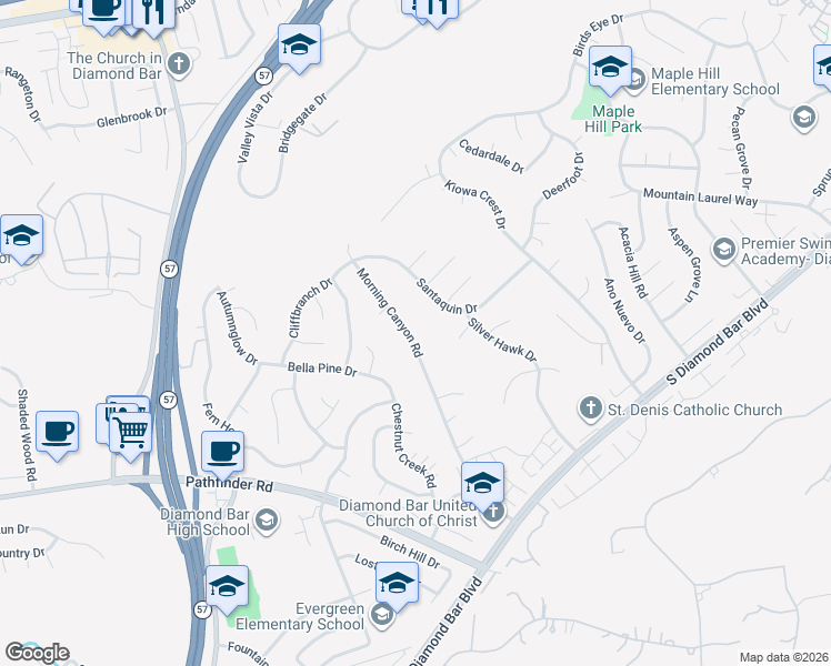 map of restaurants, bars, coffee shops, grocery stores, and more near 1817 Morning Canyon Road in Diamond Bar