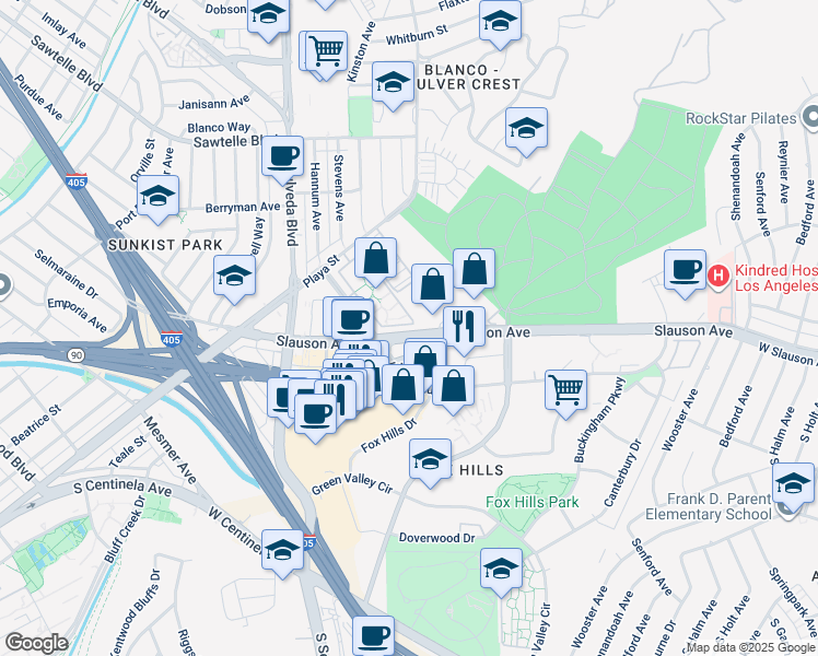 map of restaurants, bars, coffee shops, grocery stores, and more near 7709 Hannum Avenue in Culver City