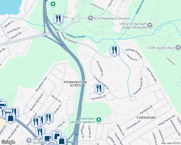 map of restaurants, bars, coffee shops, grocery stores, and more near 5 Trimblestone Court in Columbia