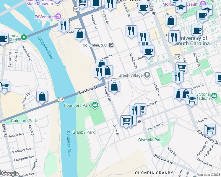 map of restaurants, bars, coffee shops, grocery stores, and more near 506 Huger Street in Columbia