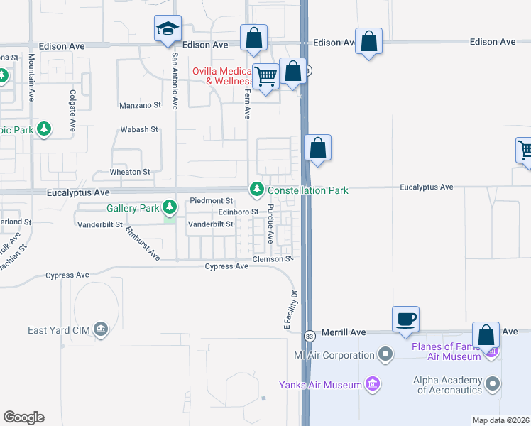 map of restaurants, bars, coffee shops, grocery stores, and more near 6965 Edinboro Street in Chino