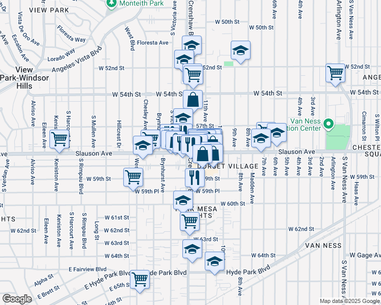 map of restaurants, bars, coffee shops, grocery stores, and more near W Slauson Ave & Crenshaw Blvd in Los Angeles
