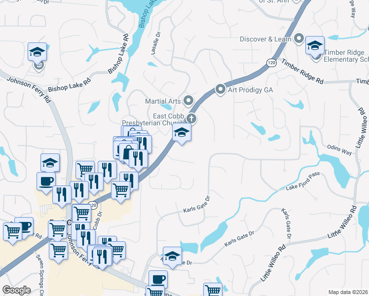 map of restaurants, bars, coffee shops, grocery stores, and more near 4645 Hampton Chase in Marietta