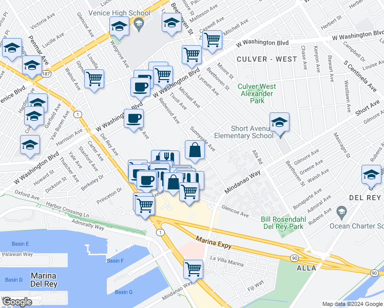 map of restaurants, bars, coffee shops, grocery stores, and more near 4211 Redwood Avenue in Los Angeles