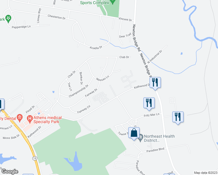 map of restaurants, bars, coffee shops, grocery stores, and more near 145 Cumberland Court in Athens