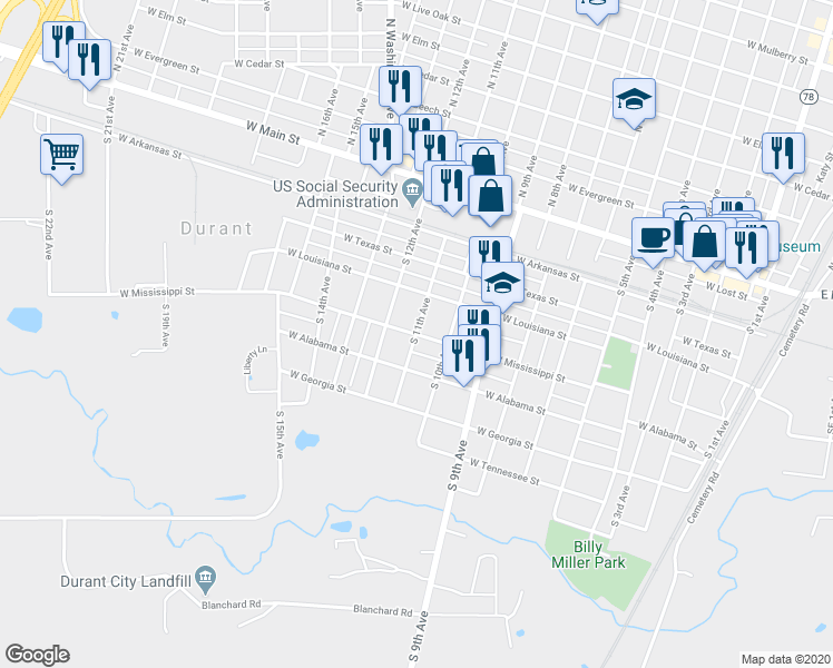 map of restaurants, bars, coffee shops, grocery stores, and more near 498 South 11th Avenue in Durant