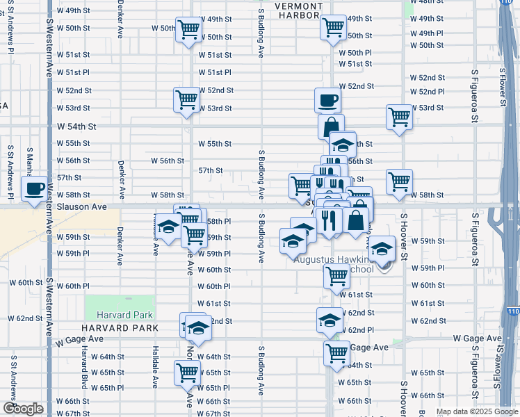map of restaurants, bars, coffee shops, grocery stores, and more near 1200 West Slauson Avenue in Los Angeles