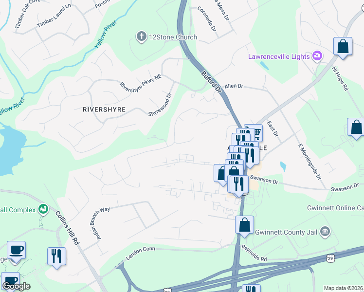 map of restaurants, bars, coffee shops, grocery stores, and more near 599 Reading Court Northeast in Lawrenceville