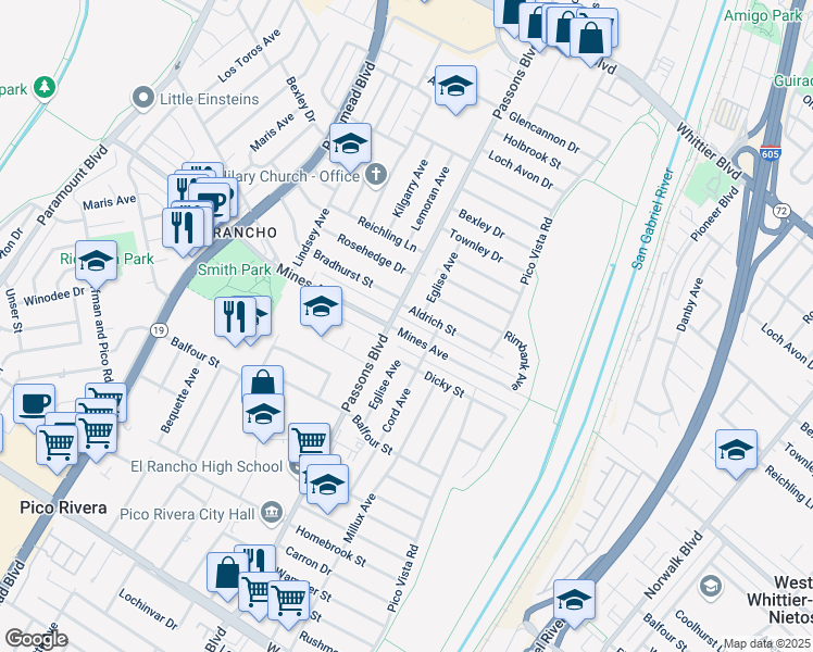 map of restaurants, bars, coffee shops, grocery stores, and more near 9430 Mines Avenue in Pico Rivera