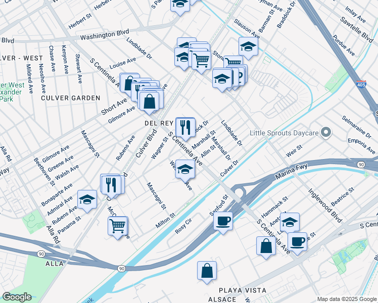 map of restaurants, bars, coffee shops, grocery stores, and more near S Centinela Ave & Marshall St in Marina Del Rey