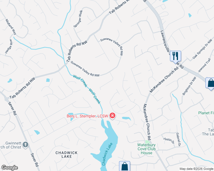 map of restaurants, bars, coffee shops, grocery stores, and more near 1570 Swan Valley Court in Lawrenceville