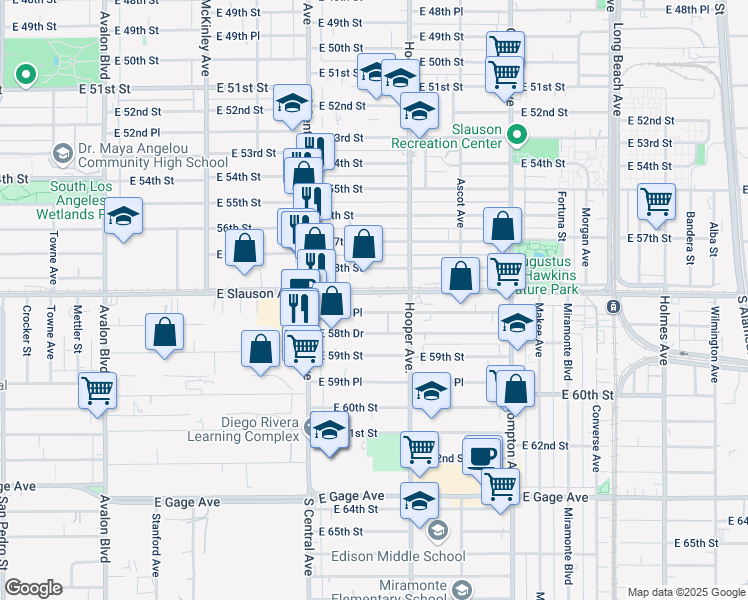 map of restaurants, bars, coffee shops, grocery stores, and more near 1174 East 58th Place in Los Angeles