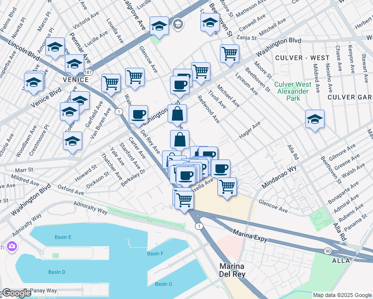 map of restaurants, bars, coffee shops, grocery stores, and more near 4131 Glencoe Avenue in Marina del Rey