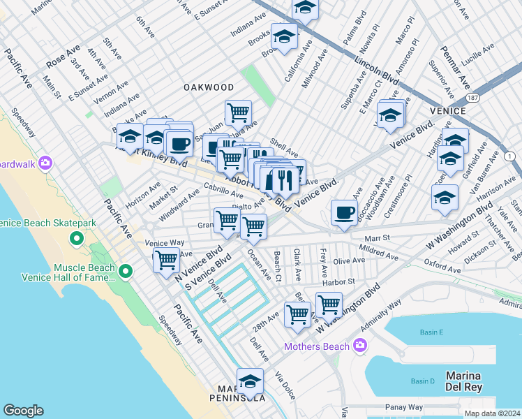 map of restaurants, bars, coffee shops, grocery stores, and more near 587 Grand Boulevard in Los Angeles