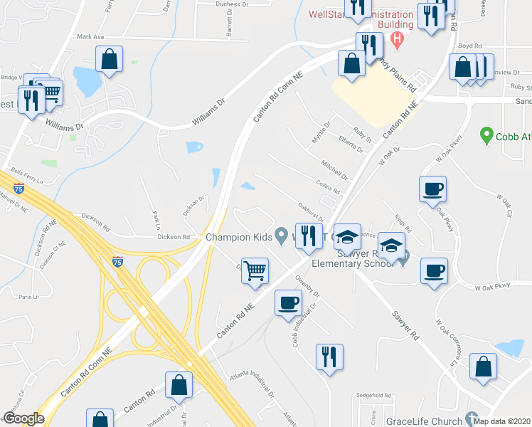 map of restaurants, bars, coffee shops, grocery stores, and more near Weaver Drive in Marietta