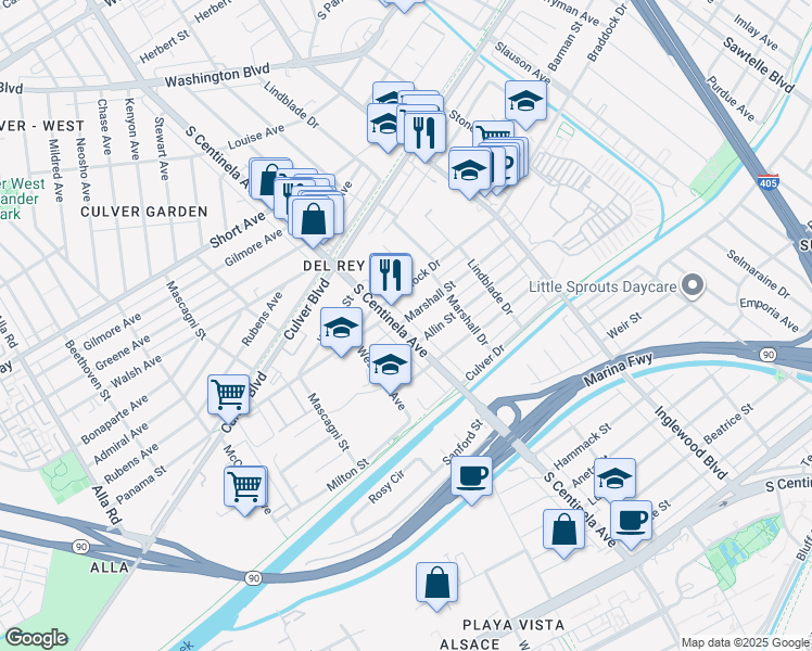 map of restaurants, bars, coffee shops, grocery stores, and more near 4852 South Centinela Avenue in Los Angeles
