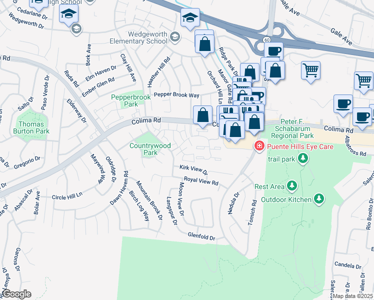 map of restaurants, bars, coffee shops, grocery stores, and more near 16978 Colchester Way in Hacienda Heights