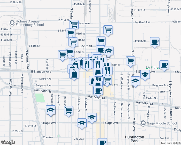 map of restaurants, bars, coffee shops, grocery stores, and more near 5931 Rugby Avenue in Huntington Park