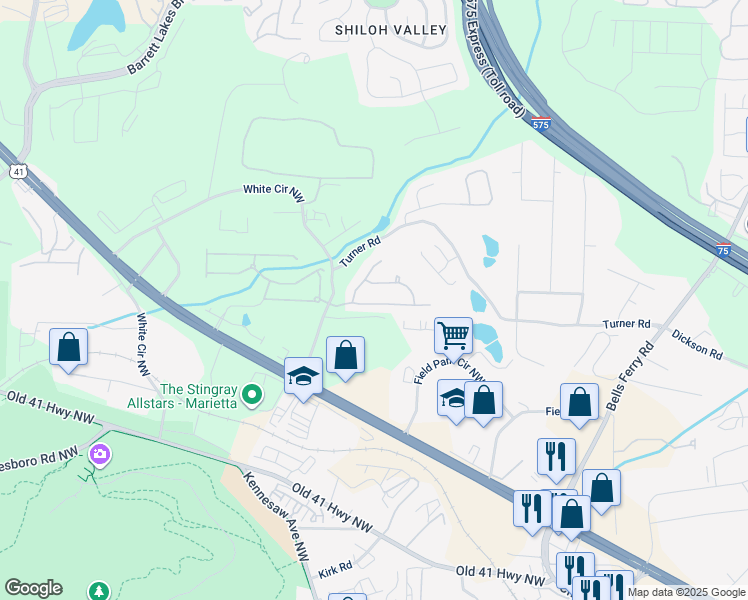 map of restaurants, bars, coffee shops, grocery stores, and more near 526 Briarfield Crossing Northwest in Marietta