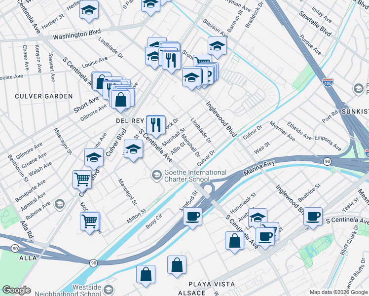 map of restaurants, bars, coffee shops, grocery stores, and more near 12216 Allin Street in Culver City