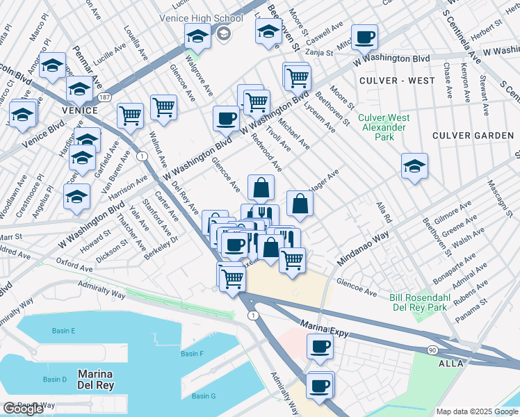 map of restaurants, bars, coffee shops, grocery stores, and more near 4140 Glencoe Avenue in Marina del Rey