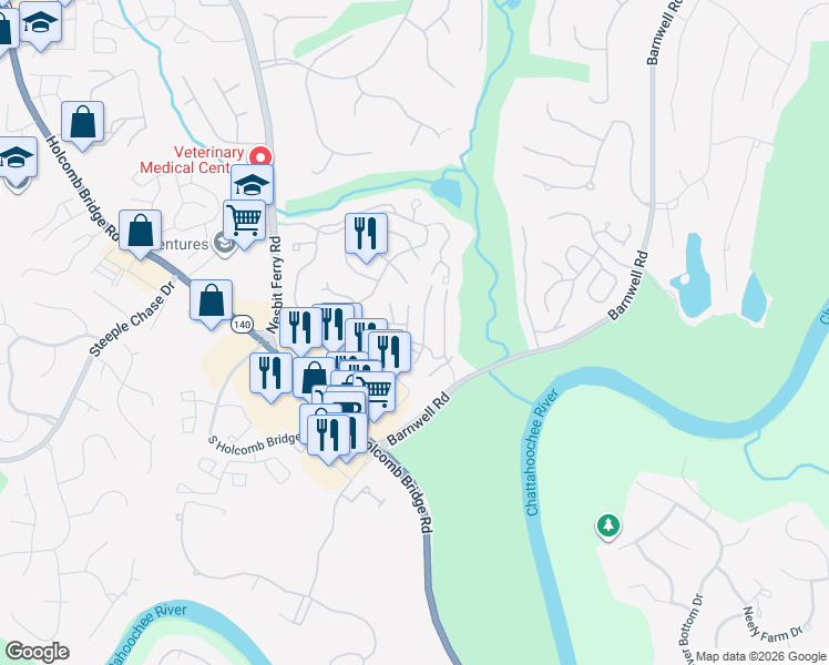 map of restaurants, bars, coffee shops, grocery stores, and more near 1005 Sandy Lane Drive in Alpharetta