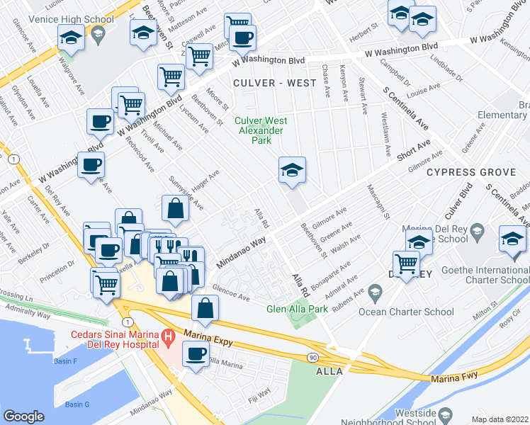 map of restaurants, bars, coffee shops, grocery stores, and more near 4344 Alla Road in Los Angeles
