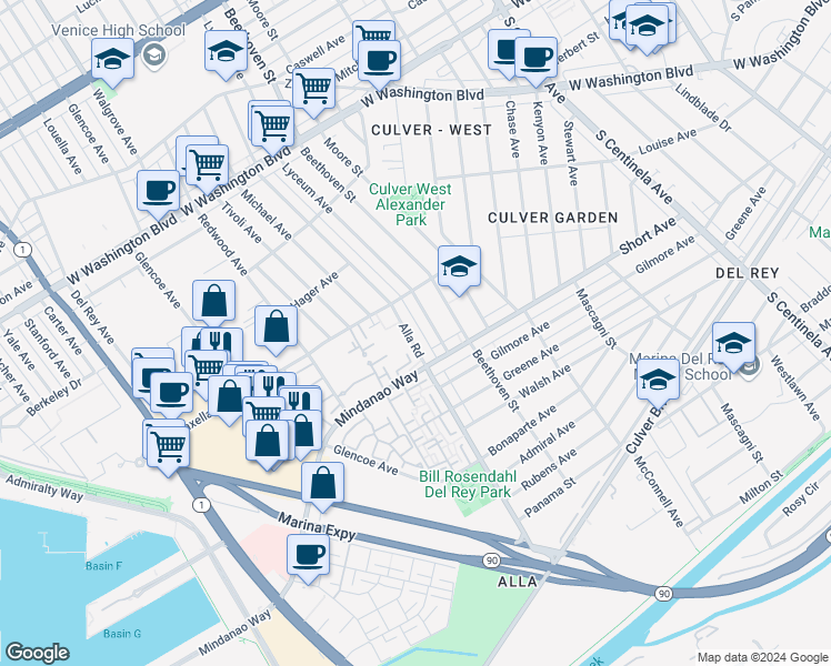 map of restaurants, bars, coffee shops, grocery stores, and more near 4344 Alla Road in Los Angeles