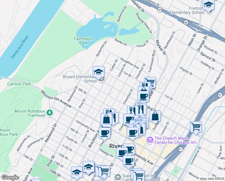map of restaurants, bars, coffee shops, grocery stores, and more near 3326 Locust Street in Riverside