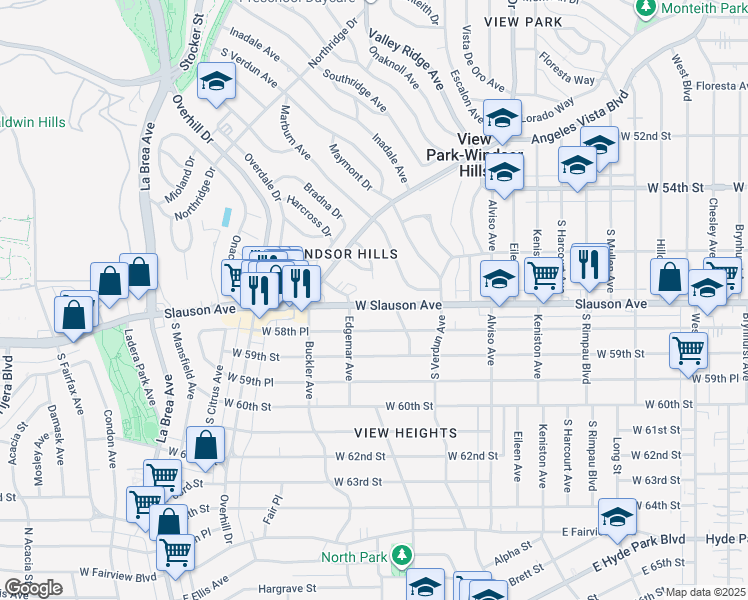 map of restaurants, bars, coffee shops, grocery stores, and more near 4219 West Slauson Avenue in Los Angeles