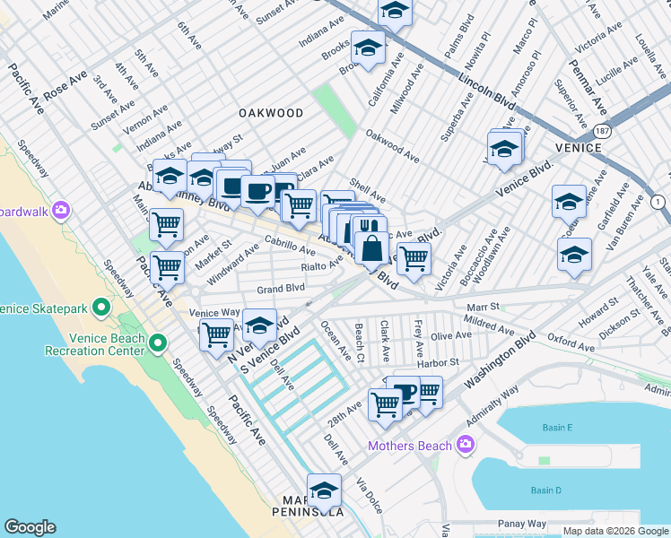 map of restaurants, bars, coffee shops, grocery stores, and more near 587 Grand Boulevard in Los Angeles