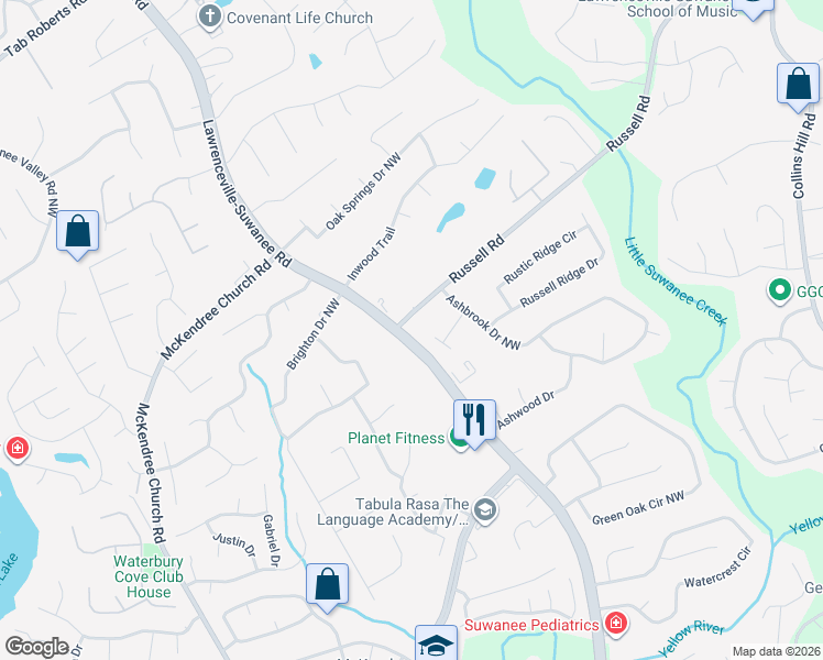 map of restaurants, bars, coffee shops, grocery stores, and more near 568 Russell Road in Lawrenceville