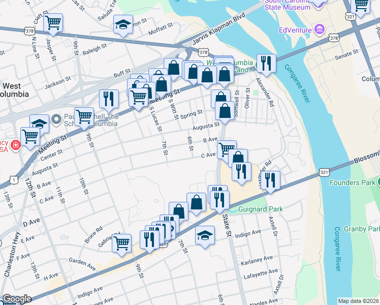 map of restaurants, bars, coffee shops, grocery stores, and more near 539 C Avenue in West Columbia