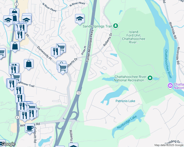 map of restaurants, bars, coffee shops, grocery stores, and more near 104 Natchez Trace in Atlanta