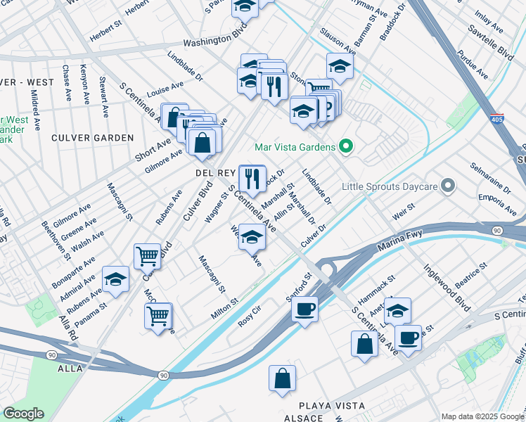 map of restaurants, bars, coffee shops, grocery stores, and more near 4904 South Centinela Avenue in Los Angeles