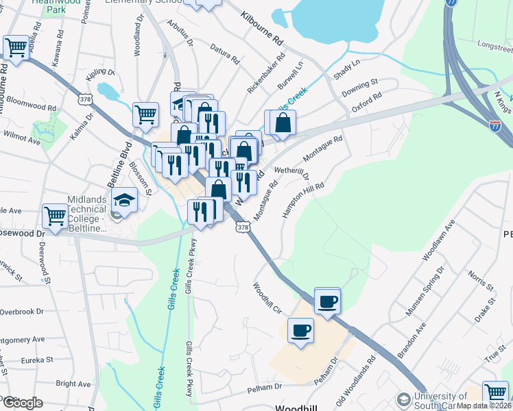 map of restaurants, bars, coffee shops, grocery stores, and more near 725 Montague Road in Columbia