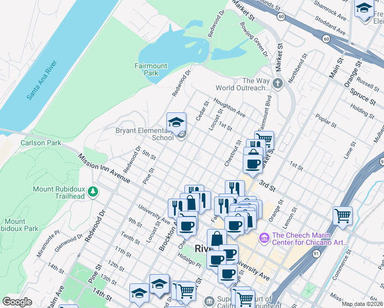 map of restaurants, bars, coffee shops, grocery stores, and more near 3359 Locust Street in Riverside