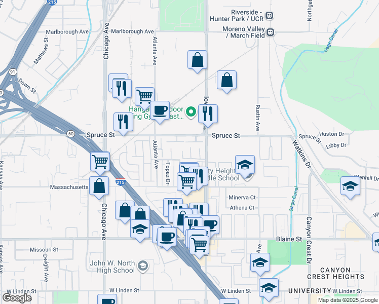 map of restaurants, bars, coffee shops, grocery stores, and more near 2621 Turquoise Street in Riverside