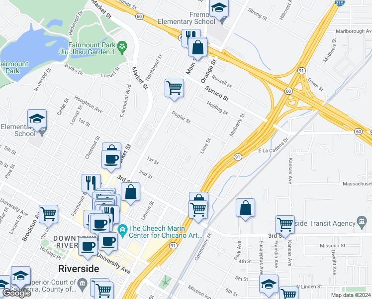 map of restaurants, bars, coffee shops, grocery stores, and more near 3445 Hewitt Street in Riverside