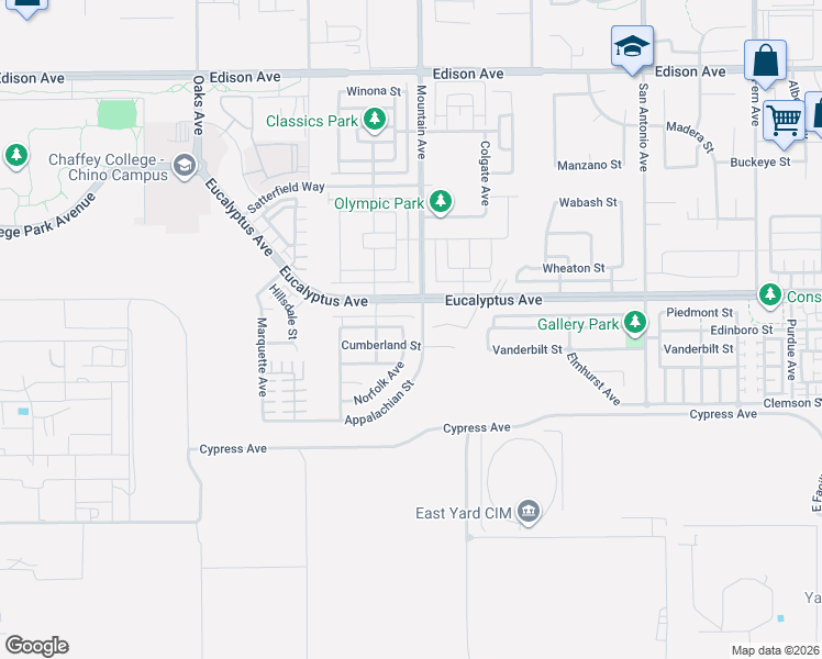 map of restaurants, bars, coffee shops, grocery stores, and more near 6291 Cumberland Street in Chino