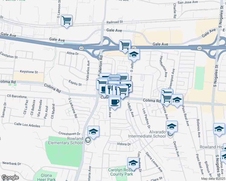 map of restaurants, bars, coffee shops, grocery stores, and more near 18411 Colima Road in Rowland Heights