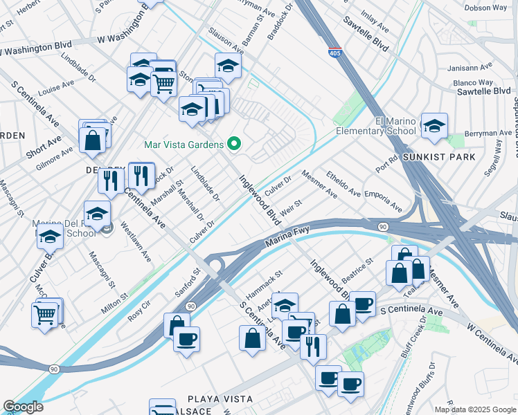 map of restaurants, bars, coffee shops, grocery stores, and more near 5120 Russo Street in Culver City