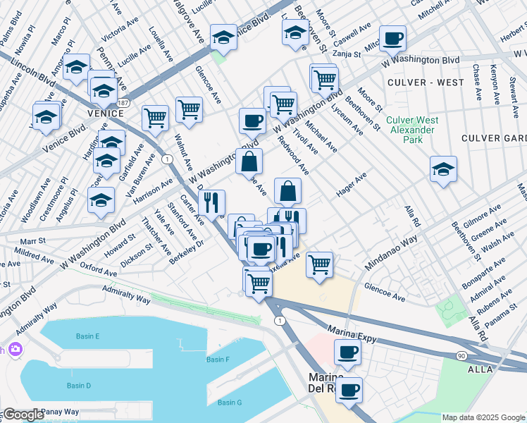 map of restaurants, bars, coffee shops, grocery stores, and more near 4141 Glencoe Avenue in Marina del Rey