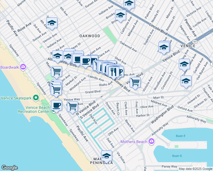 map of restaurants, bars, coffee shops, grocery stores, and more near 553 Grand Boulevard in Los Angeles