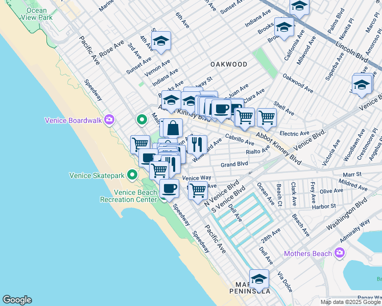 map of restaurants, bars, coffee shops, grocery stores, and more near 225 Windward Avenue in Los Angeles