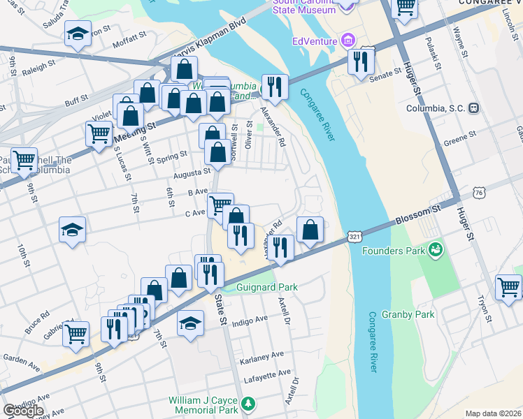 map of restaurants, bars, coffee shops, grocery stores, and more near 800 Alexander Road in Cayce