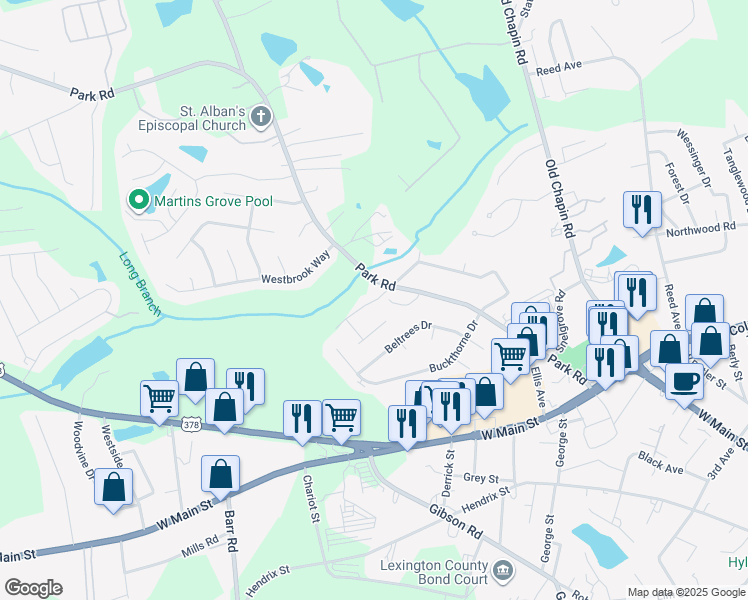 map of restaurants, bars, coffee shops, grocery stores, and more near 200 Westbrook Way in Lexington