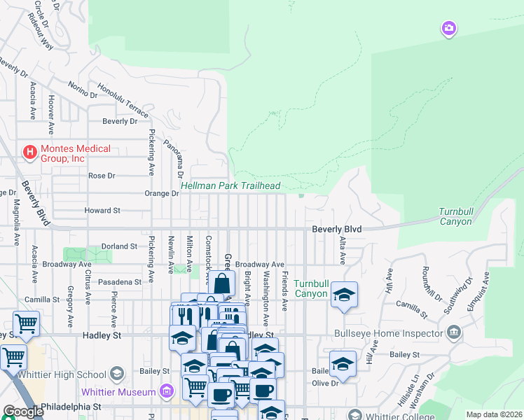 map of restaurants, bars, coffee shops, grocery stores, and more near 5827 Washington Avenue in Whittier